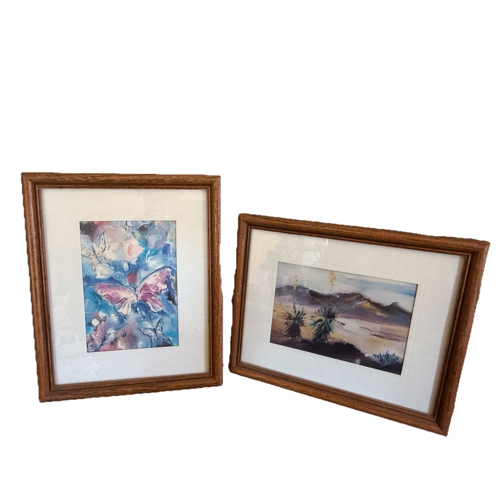 Lot Of 2 Vintage Mountain Landscape & Butterflies Framed Original Prints